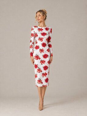 Suzy Shier Floral Midi Dress XS Red White Long Sleeve Mesh Lined Bodycon